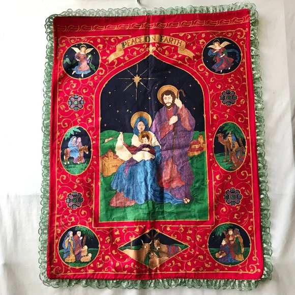 Vintage Holy Family Nativity Christmas Tapestry Wall Banner Decoration Handmade - Picture 1 of 16